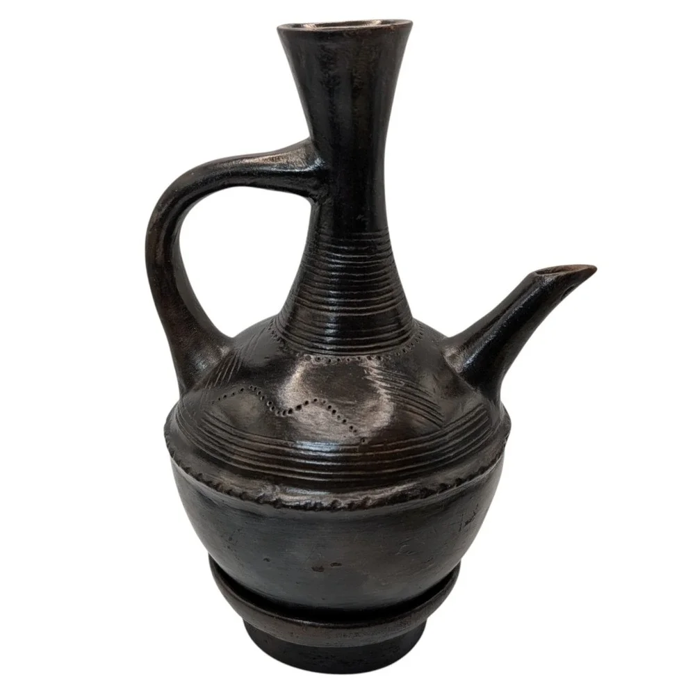 Vintage Ethiopian Jebena Pot Handmade with Stand Black Clay Coffee Pot Two Piece